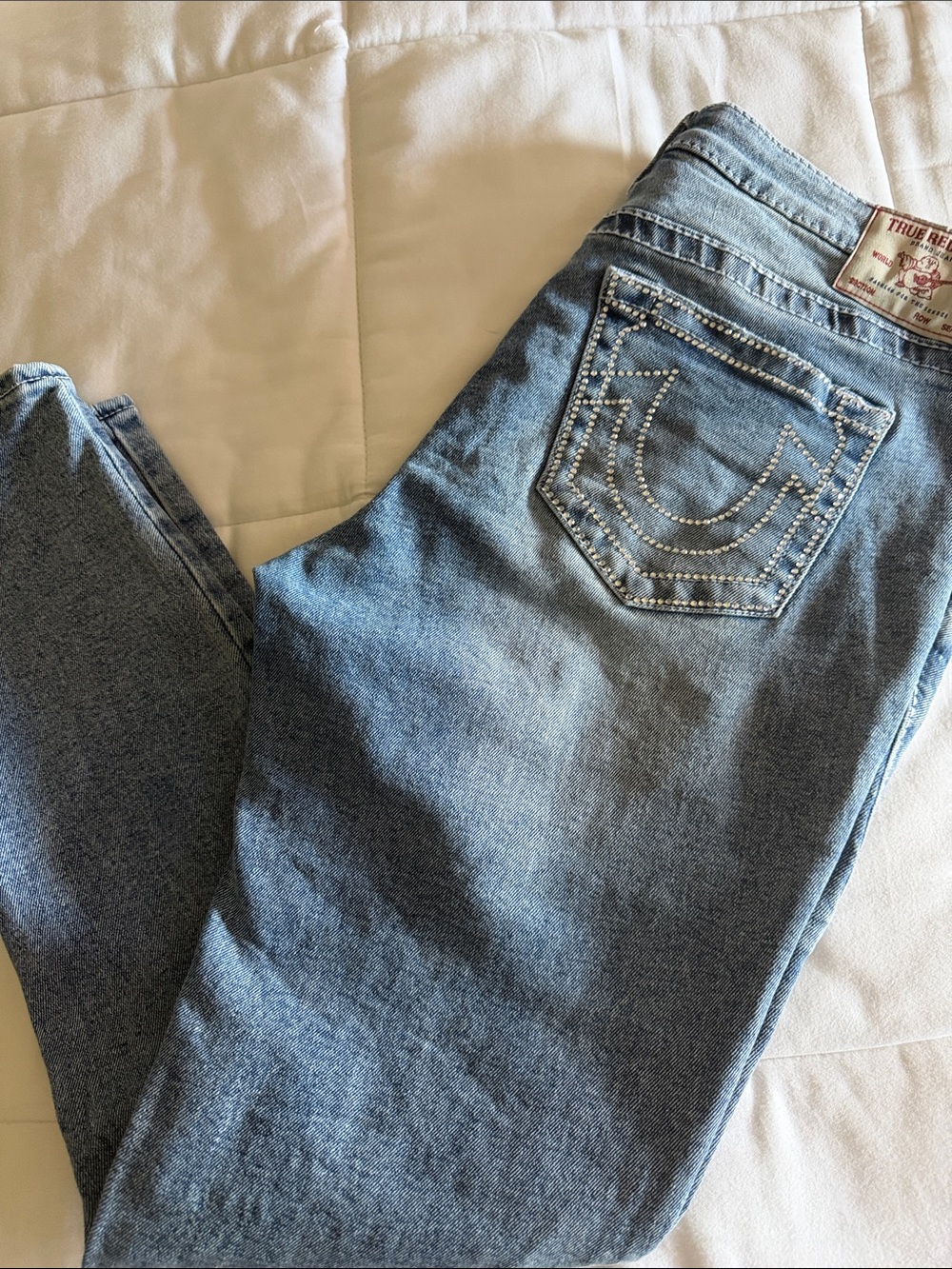 True Religion Light Blue Rhinestone Pocket Skinny Jeans